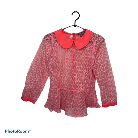 Gracia peach  sheer embroidered collar peplum blouse Sz M - Picture 7 of 13